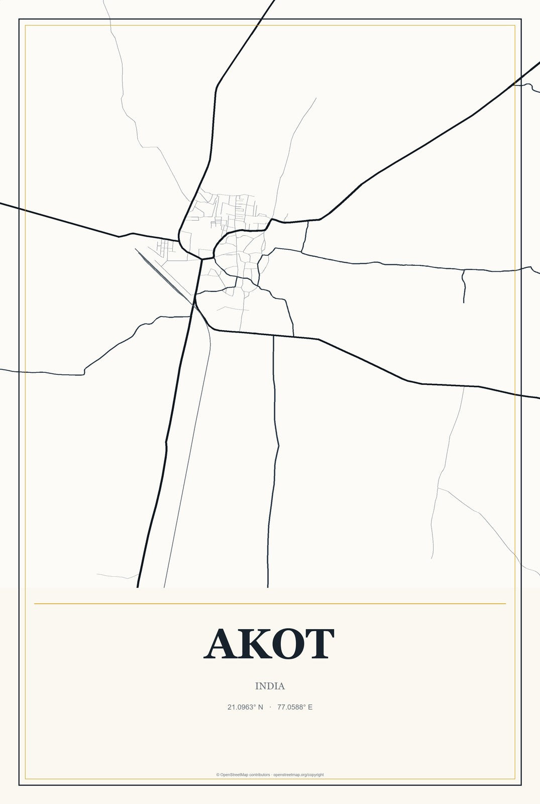 Akot, India City Map Aluminum Sign in Citrine Modern style