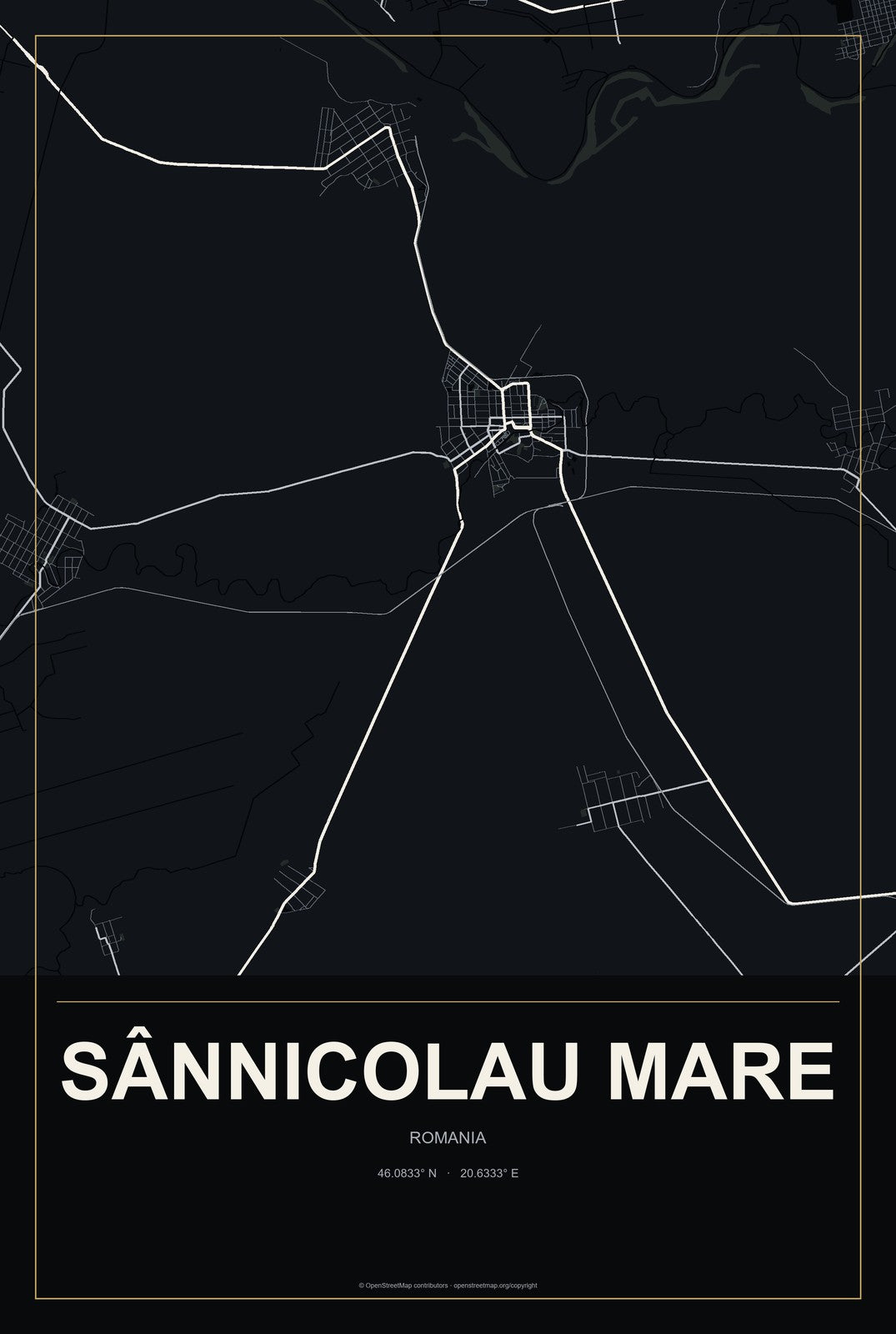 Sânnicolau Mare, Romania City Map Aluminum Sign in Metropolitan Noir style