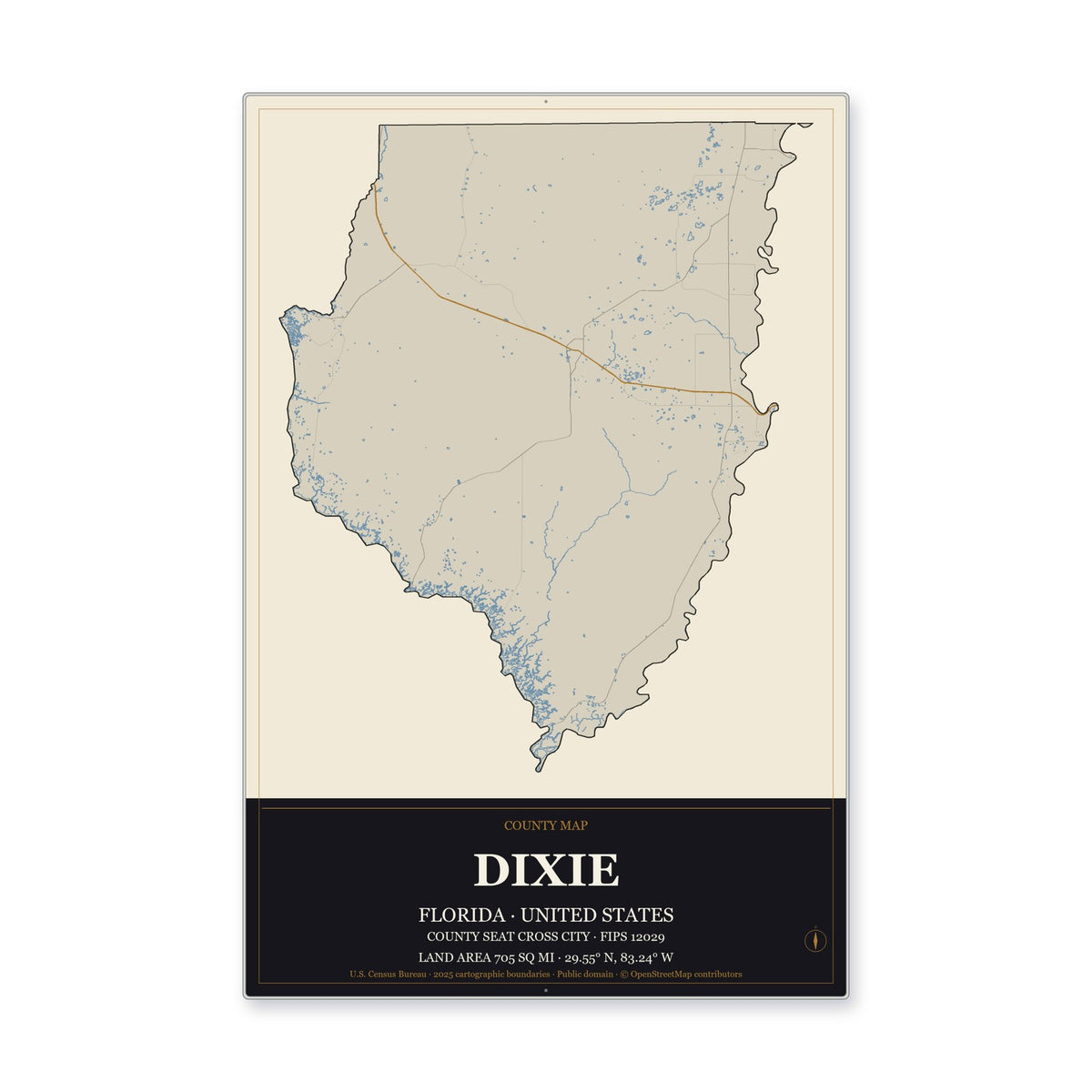 Dixie County, Florida Map Aluminum Sign in Museum Plaque style