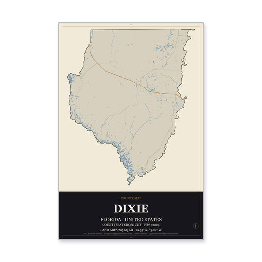 Dixie County, Florida Map Aluminum Sign in Museum Plaque style
