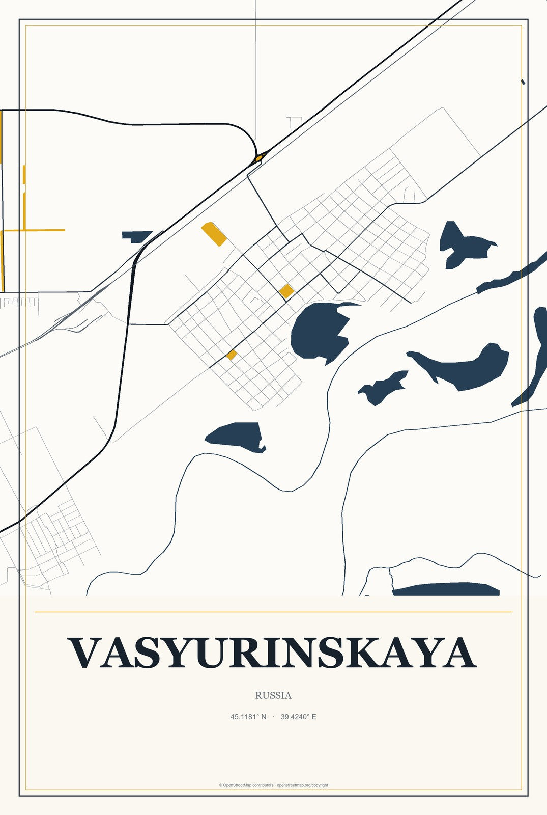 Vasyurinskaya, Russia City Map Aluminum Sign in Citrine Modern style