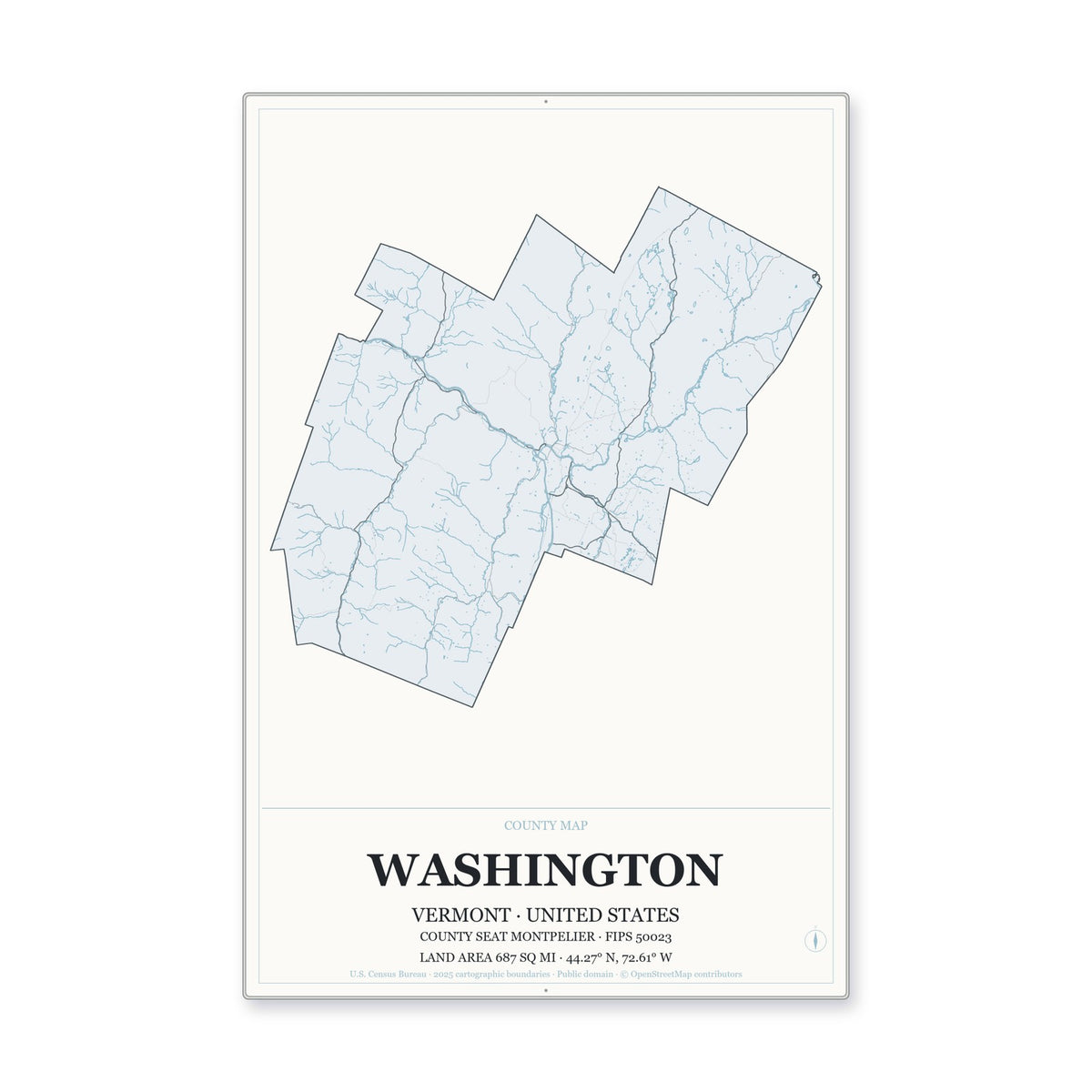 Washington County, Vermont Map Aluminum Sign in Gallery Air style