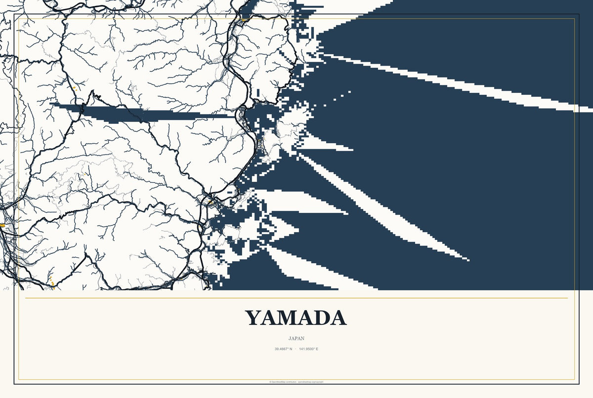 Yamada, Kumamoto, Japan City Map Aluminum Sign in Citrine Modern style