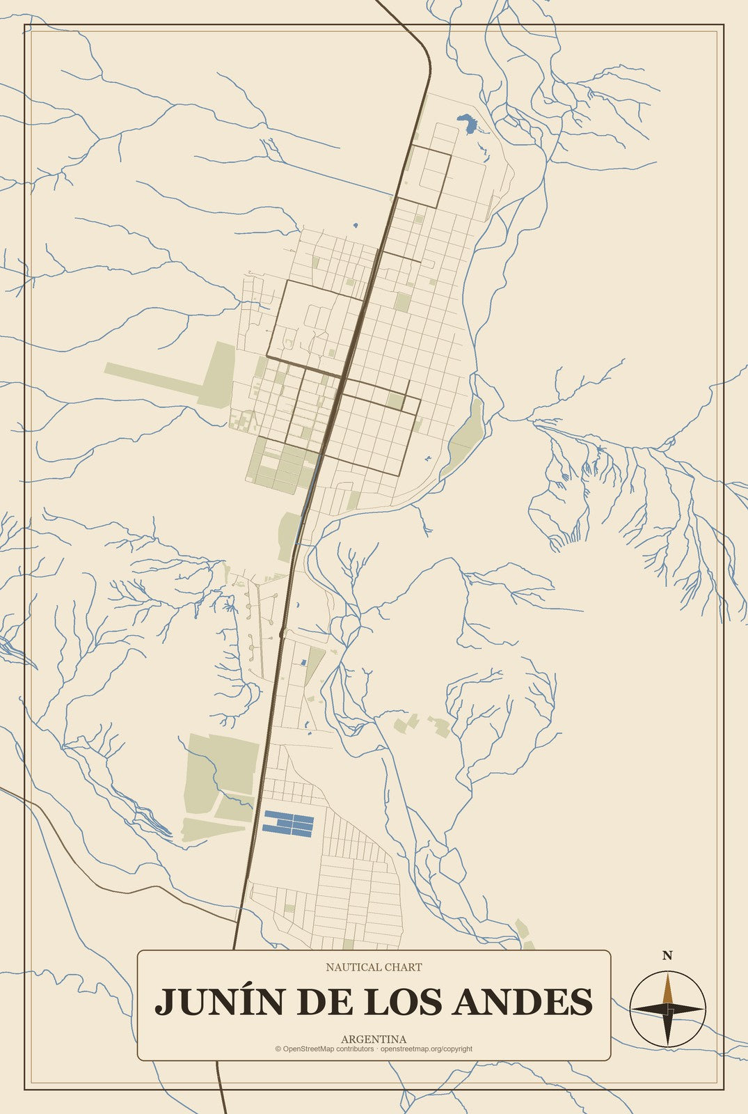 Junín de los Andes, Argentina City Map Aluminum Sign in Heritage Nautical style