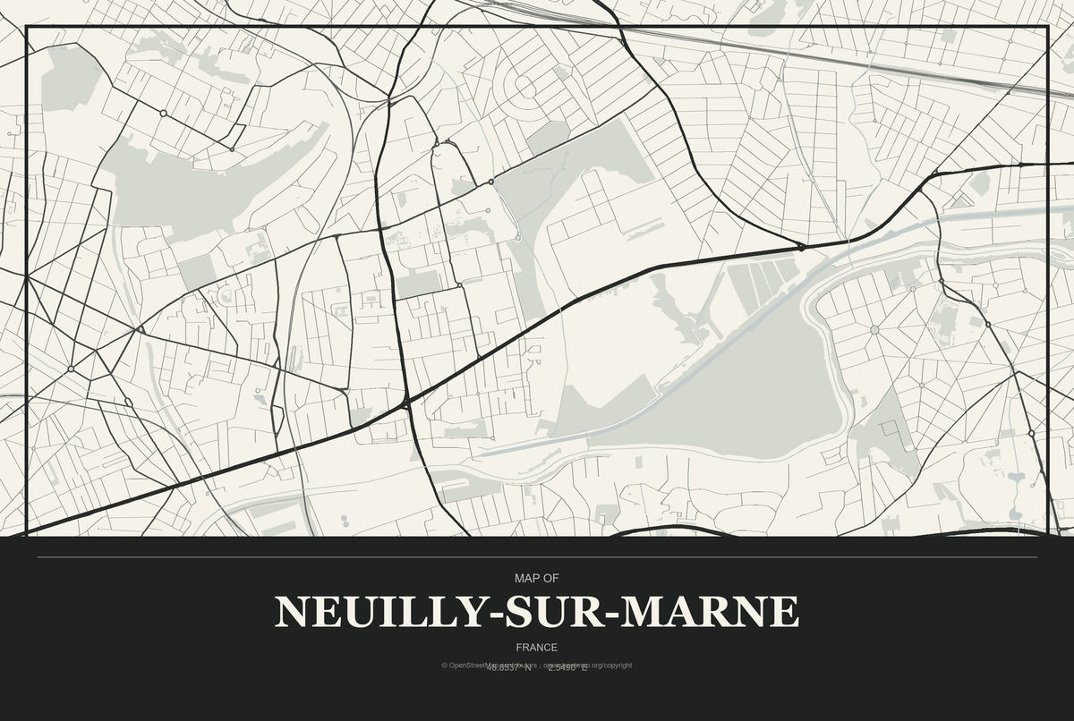 Neuilly-sur-Marne, France City Map Aluminum Sign in Museum Plaque style