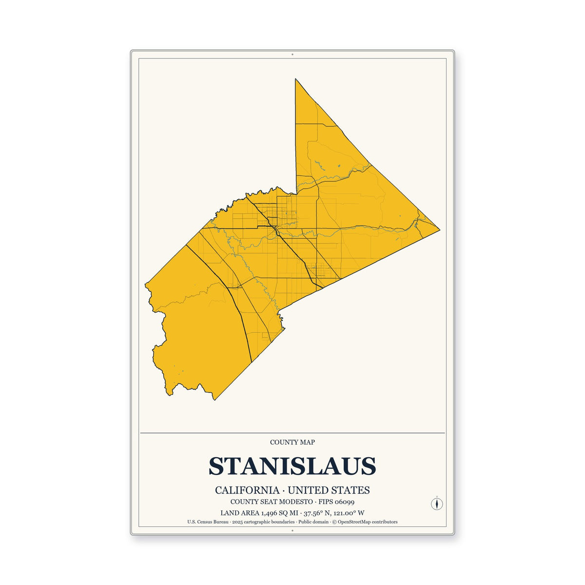 Stanislaus County, California Map Aluminum Sign in Citrine Modern style