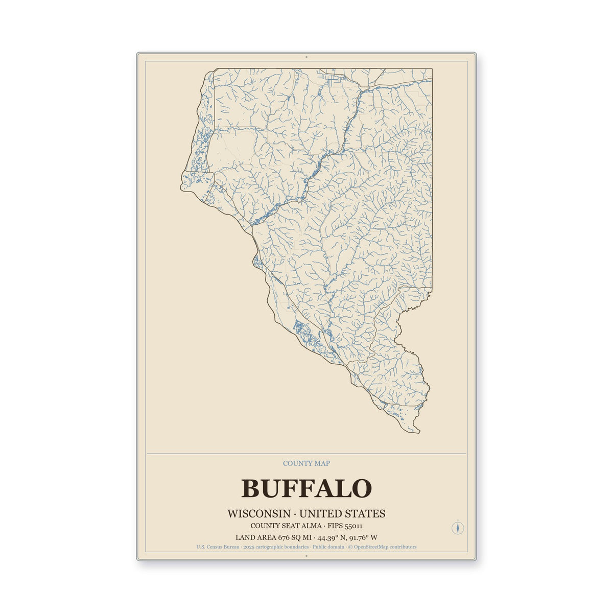 Buffalo County, Wisconsin Map Aluminum Sign in Heritage Nautical style