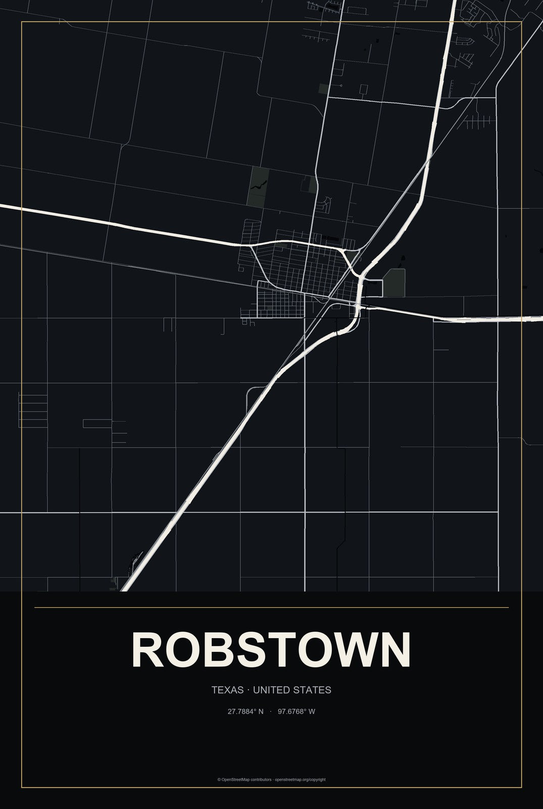 Robstown, Texas City Map Aluminum Sign in Metropolitan Noir style