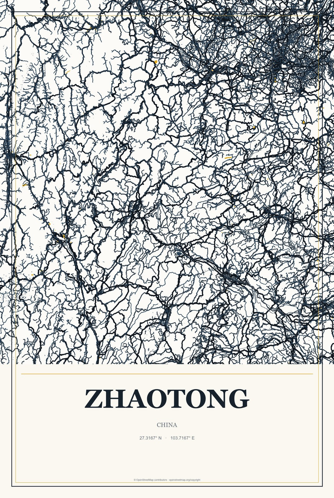 Zhaotong, China City Map Aluminum Sign in Citrine Modern style