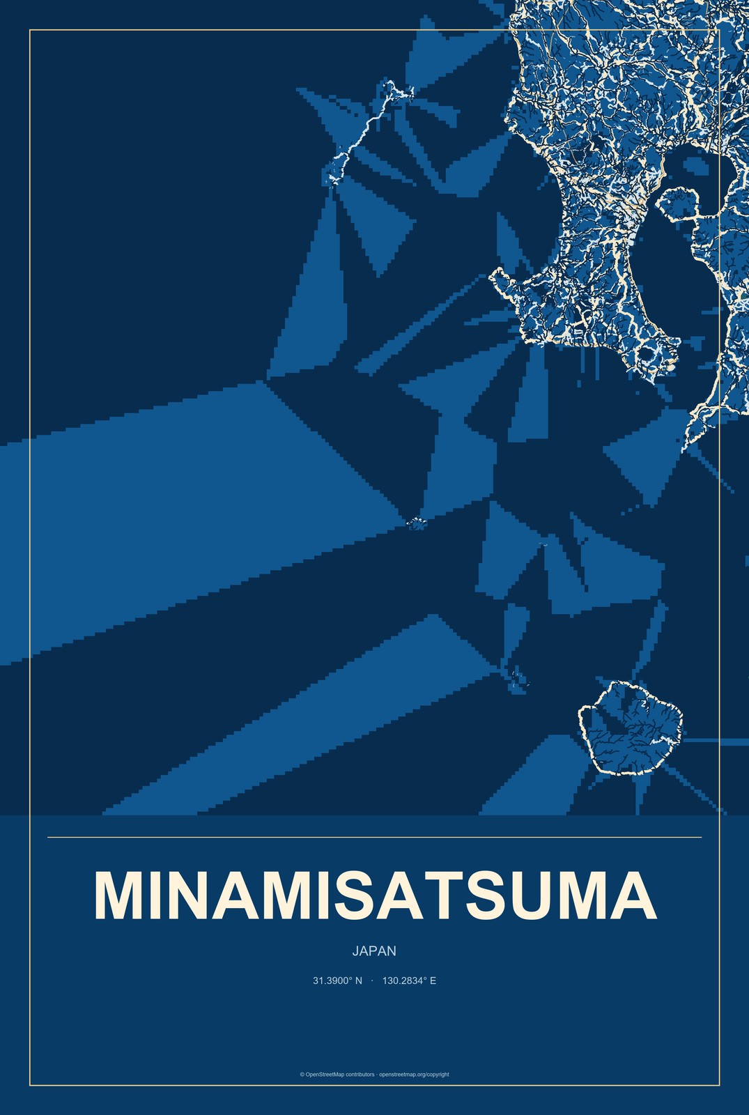 Minamisatsuma, Japan City Map Aluminum Sign in Harbor Cobalt style