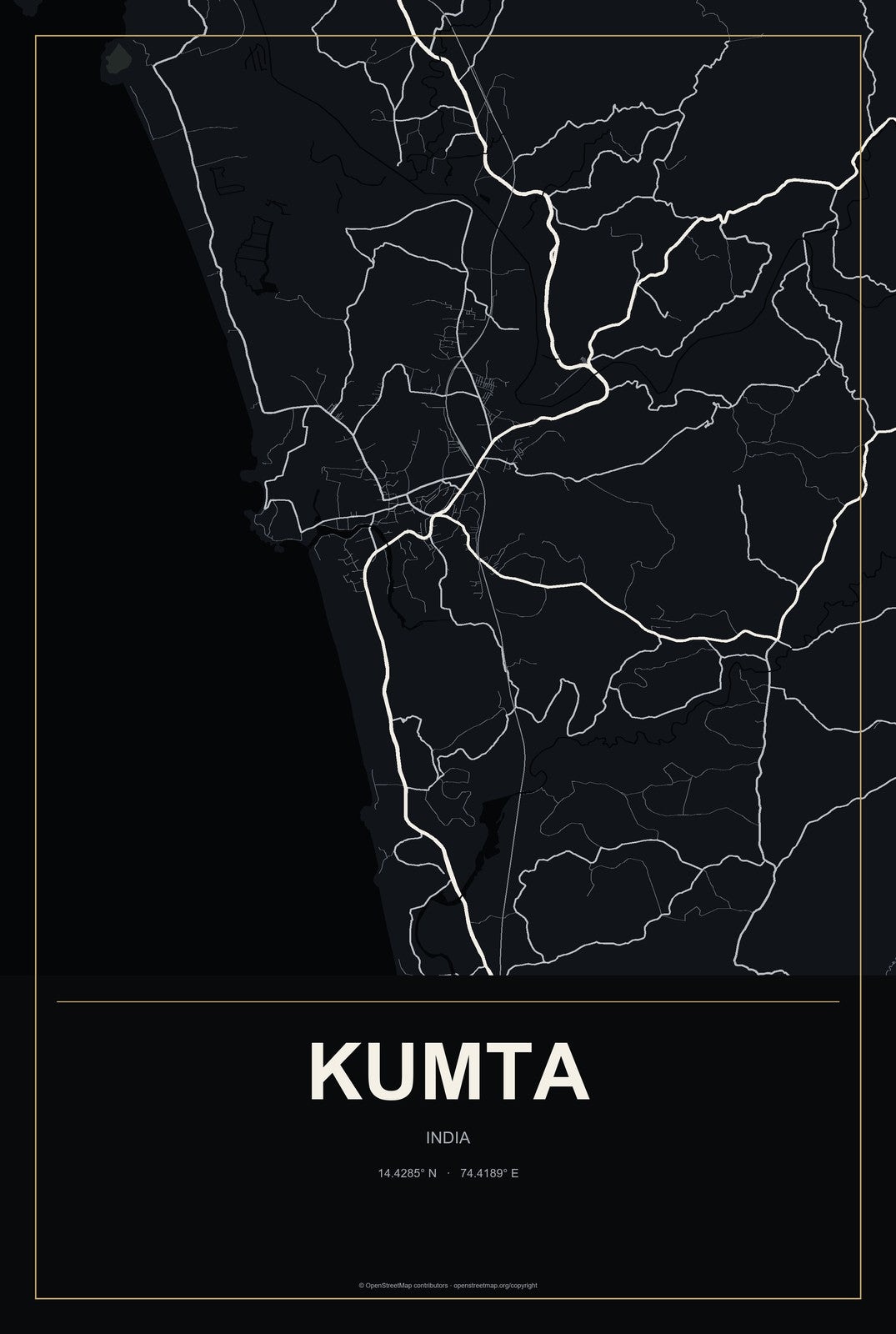 Kumta, India City Map Aluminum Sign in Metropolitan Noir style