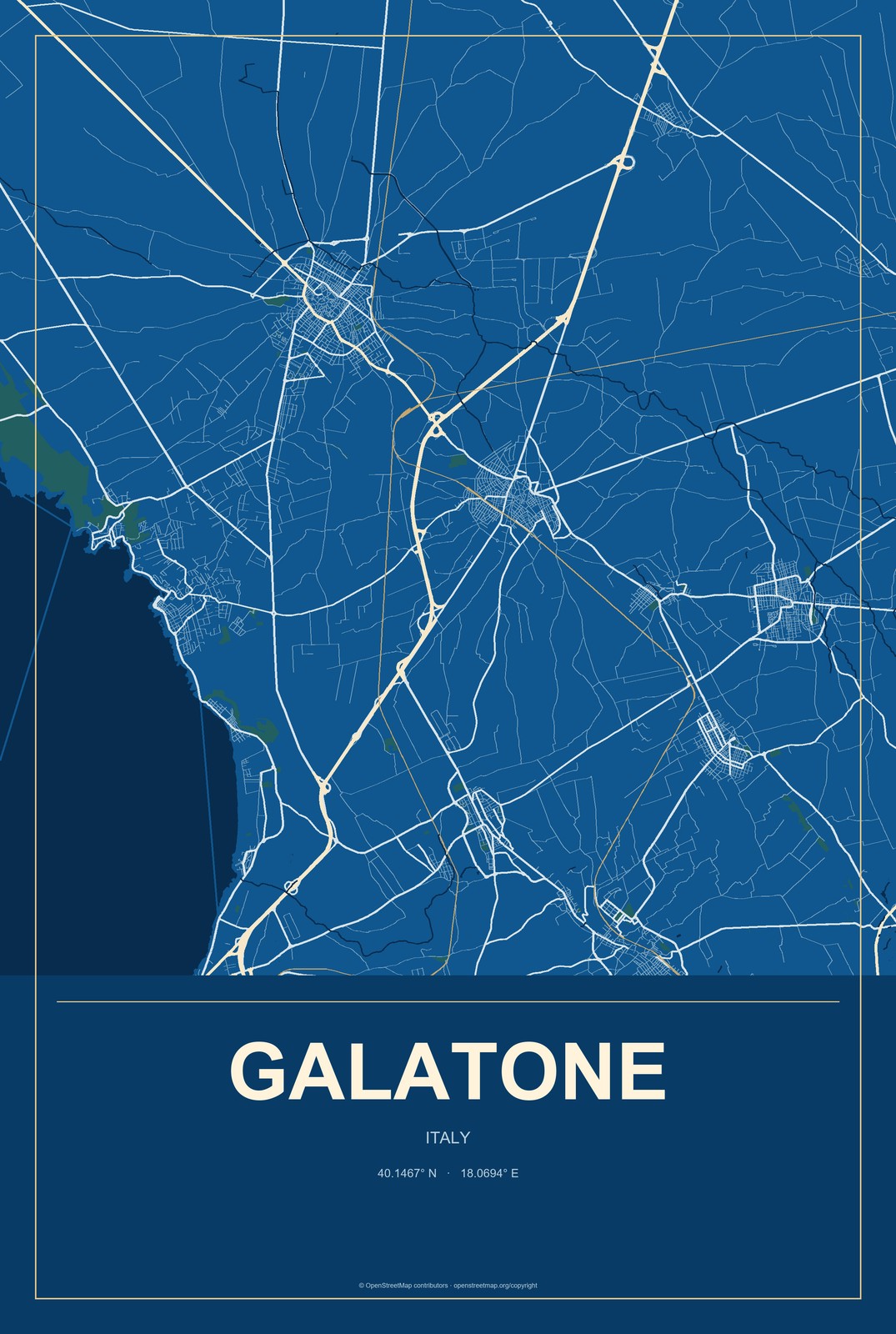 Galatone, Italy City Map Aluminum Sign in Harbor Cobalt style