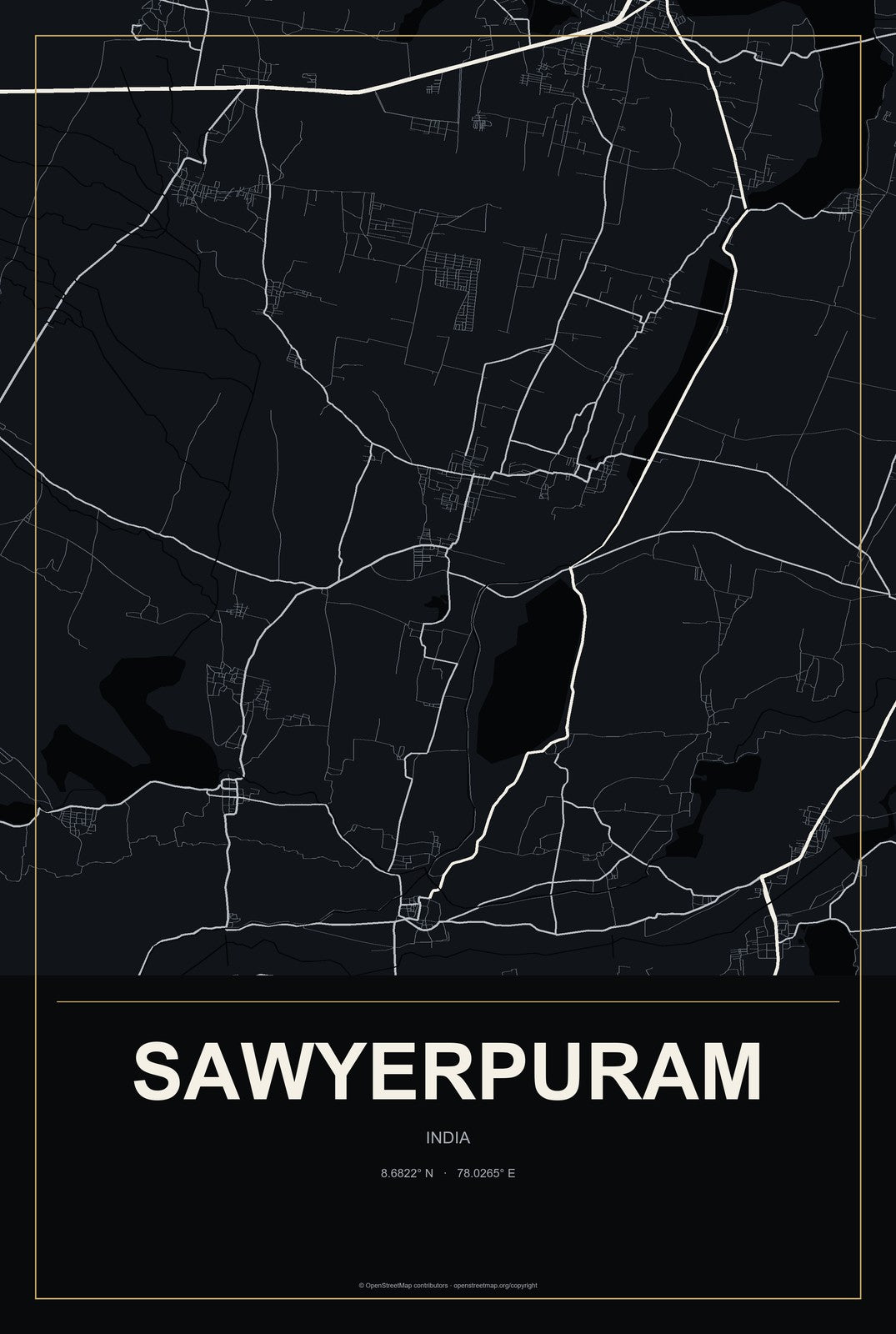 Sawyerpuram, India City Map Aluminum Sign in Metropolitan Noir style
