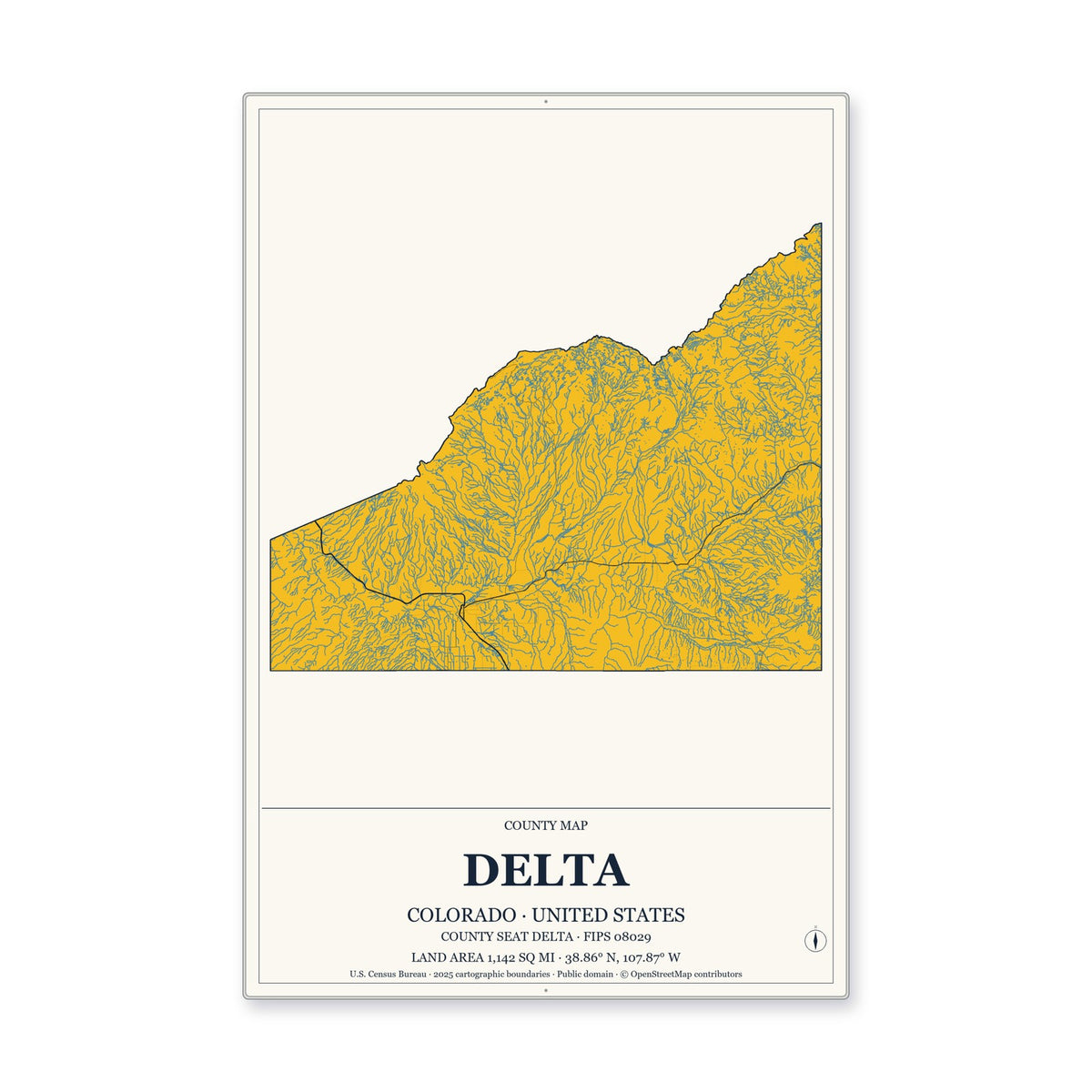 Delta County, Colorado Map Aluminum Sign in Citrine Modern style