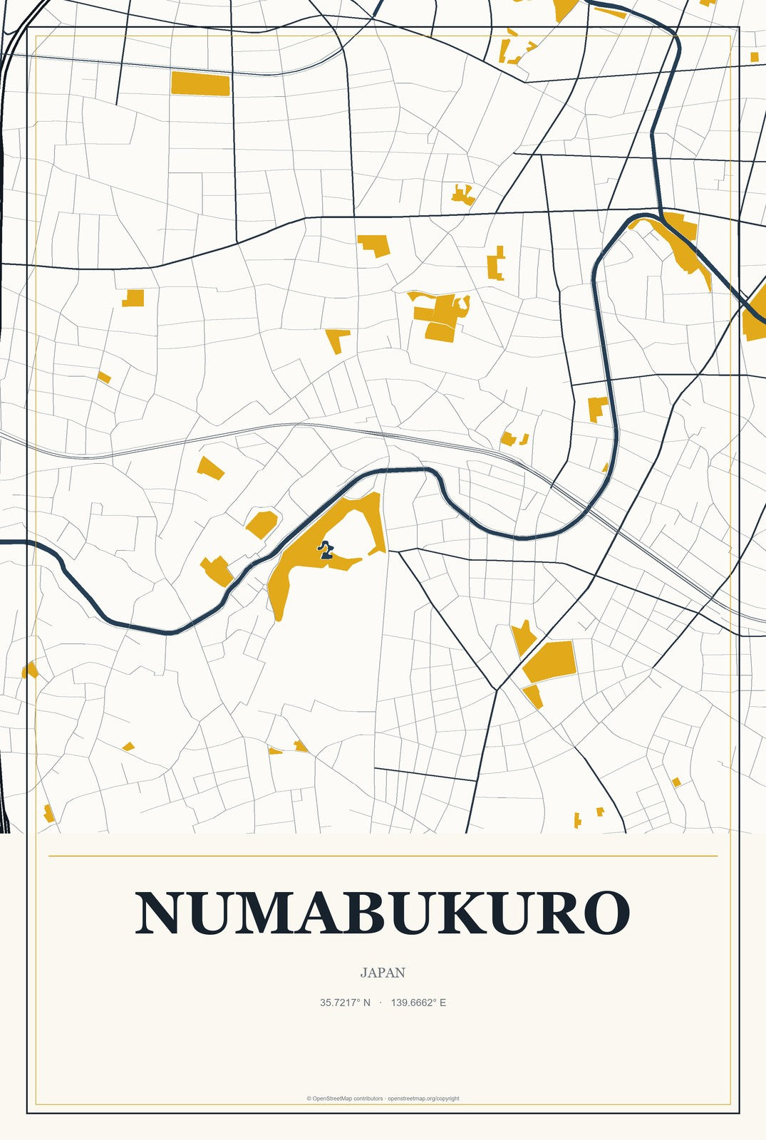 Numabukuro, Japan City Map Aluminum Sign in Citrine Modern style