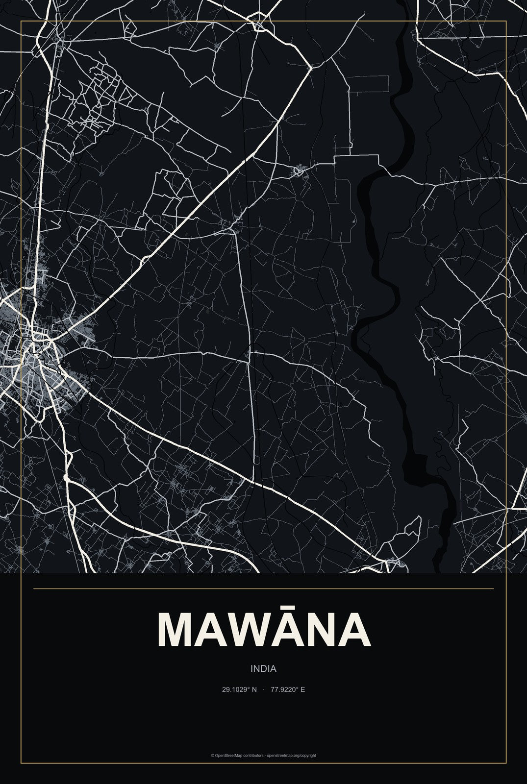 Mawāna, India City Map Aluminum Sign in Metropolitan Noir style