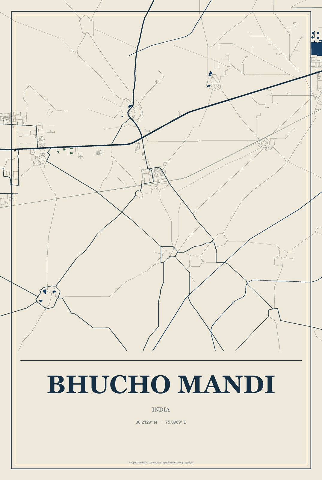 Bhucho Mandi, India City Map Aluminum Sign in Coastal Cutout style