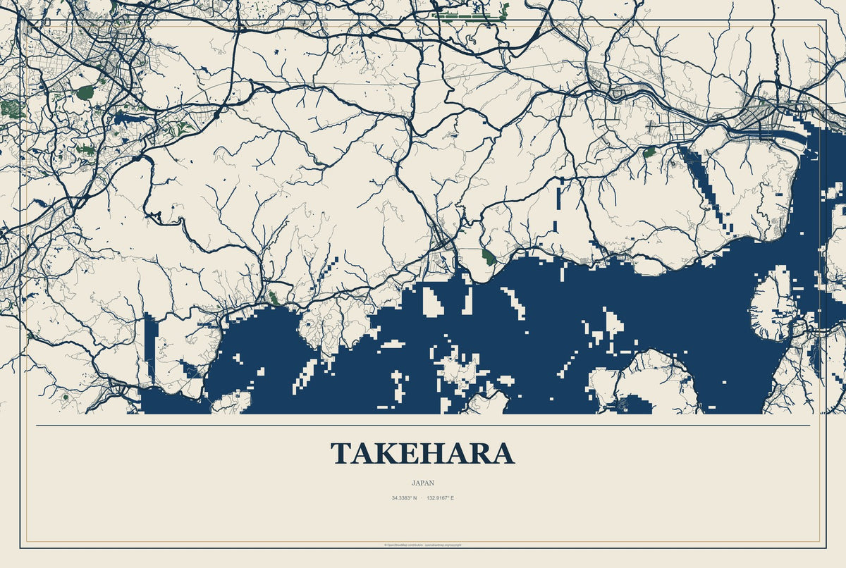 Takehara, Japan City Map Aluminum Sign in Coastal Cutout style