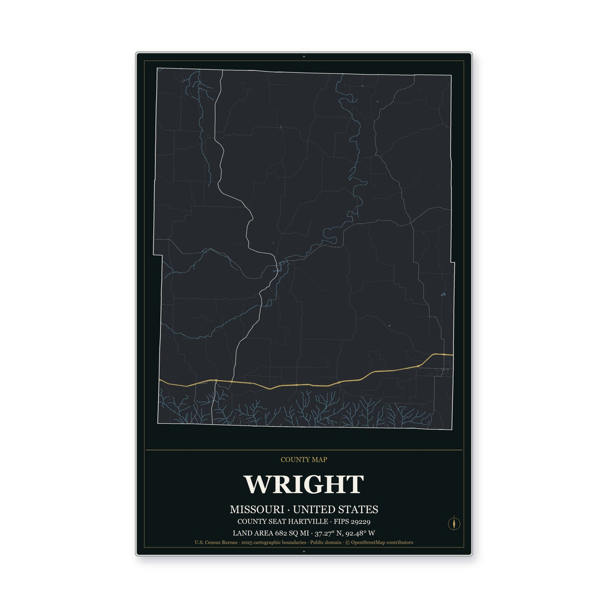 Wright County, Missouri Map Aluminum Sign in Metropolitan Noir style