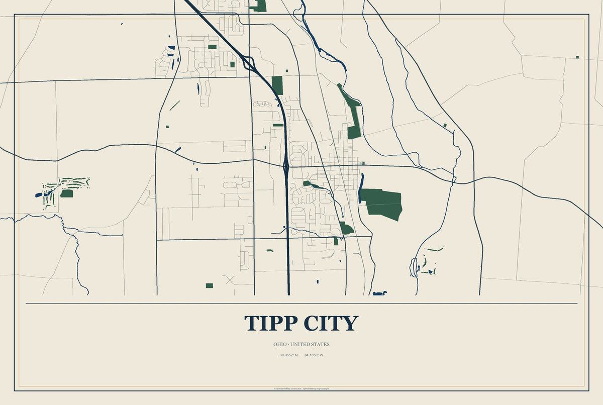 Tipp City, Ohio City Map Aluminum Sign in Coastal Cutout style