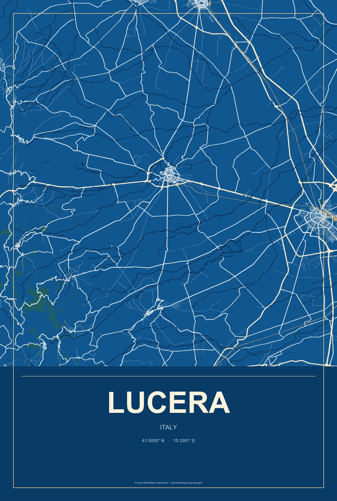 Lucera, Italy City Map Aluminum Sign in Harbor Cobalt style