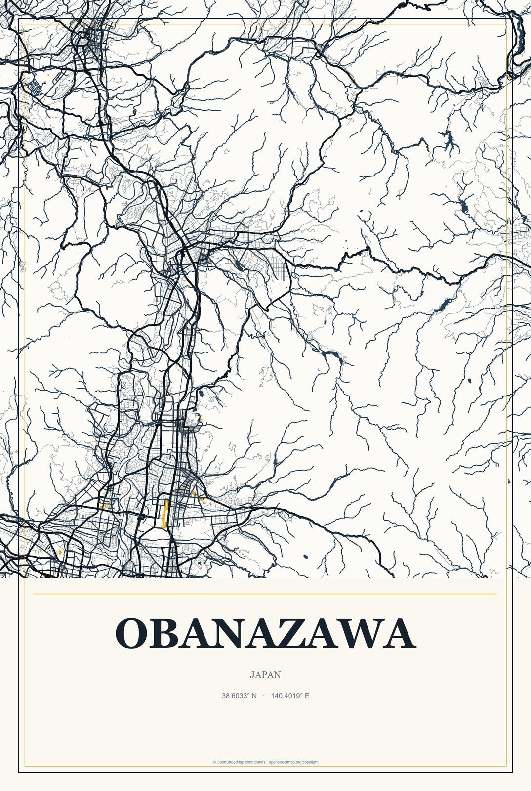Obanazawa, Japan City Map Aluminum Sign in Citrine Modern style