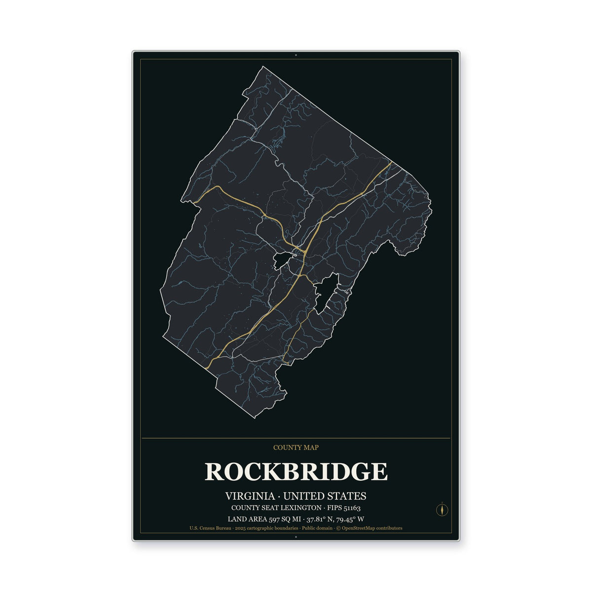 Rockbridge County, Virginia Map Aluminum Sign in Metropolitan Noir style