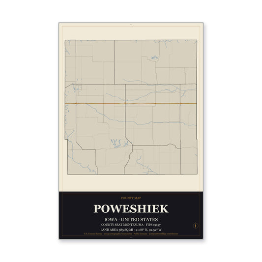 Poweshiek County, Iowa Map Aluminum Sign in Museum Plaque style