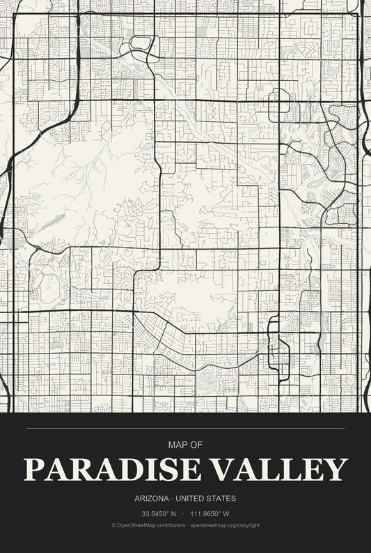 Paradise Valley, Arizona City Map Aluminum Sign in Museum Plaque style