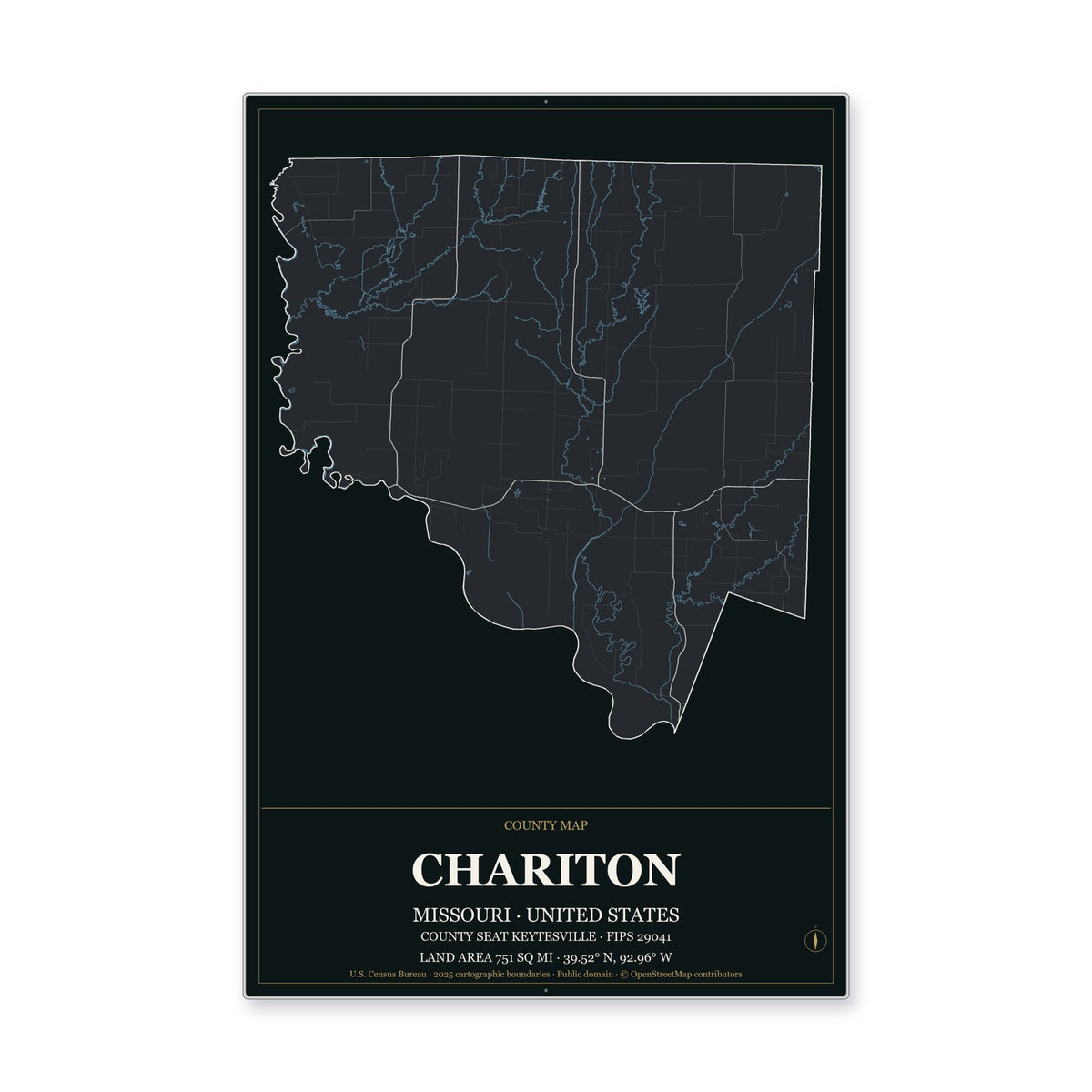 Chariton County, Missouri Map Aluminum Sign in Metropolitan Noir style