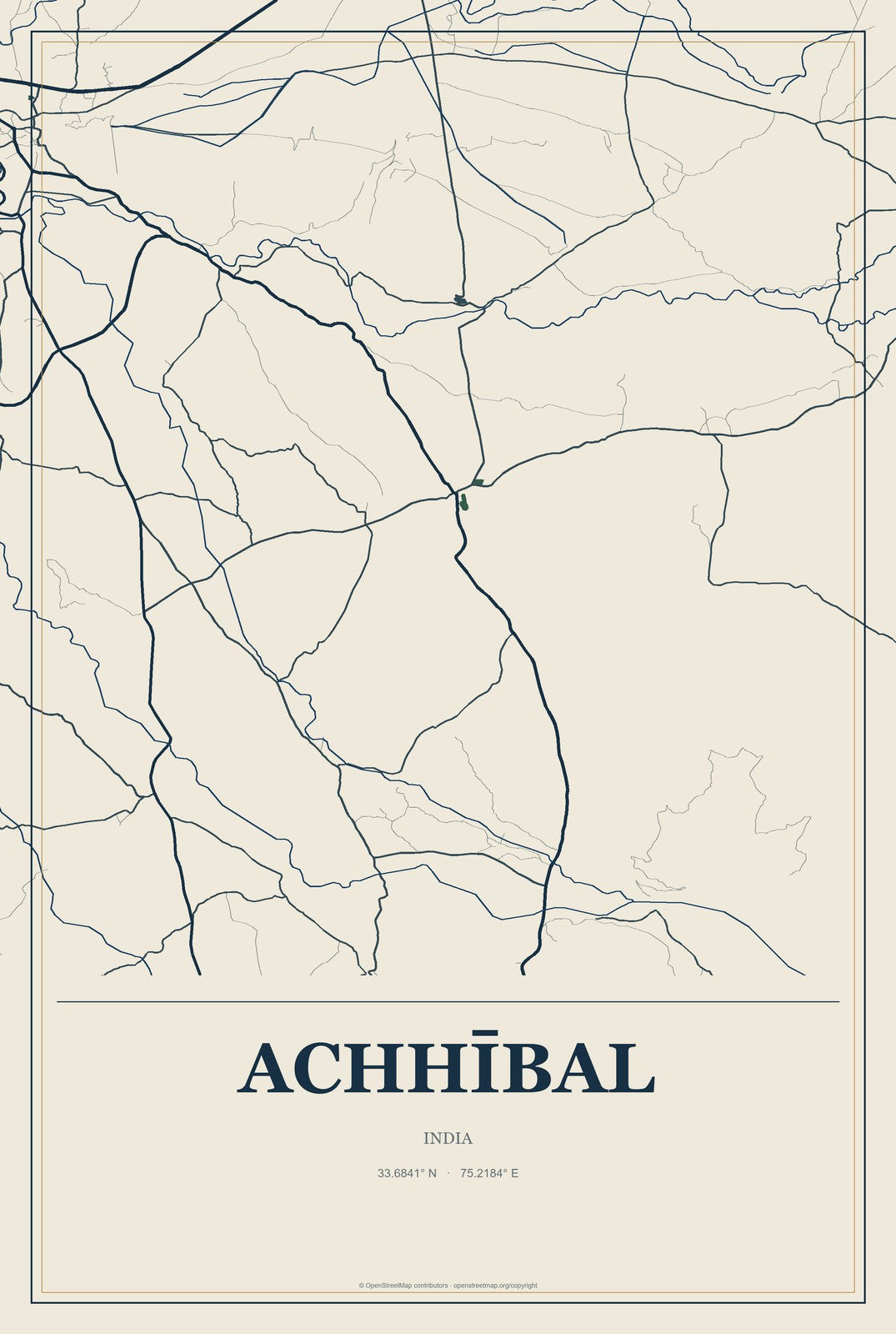 Achhībal, India City Map Aluminum Sign in Coastal Cutout style