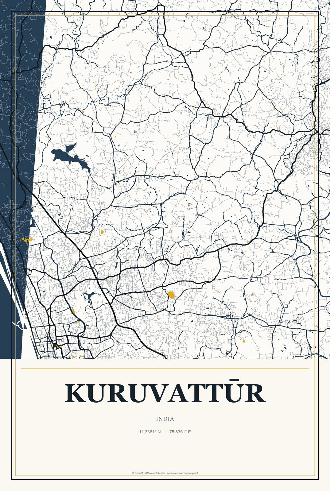 Kuruvattūr, India City Map Aluminum Sign in Citrine Modern style