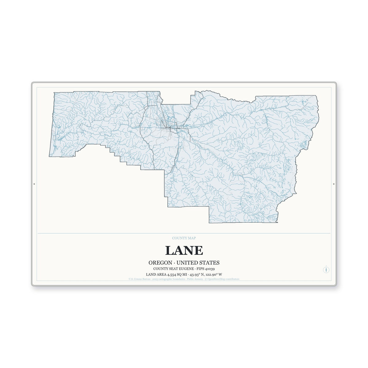 Lane County, Oregon Map Aluminum Sign in Gallery Air style