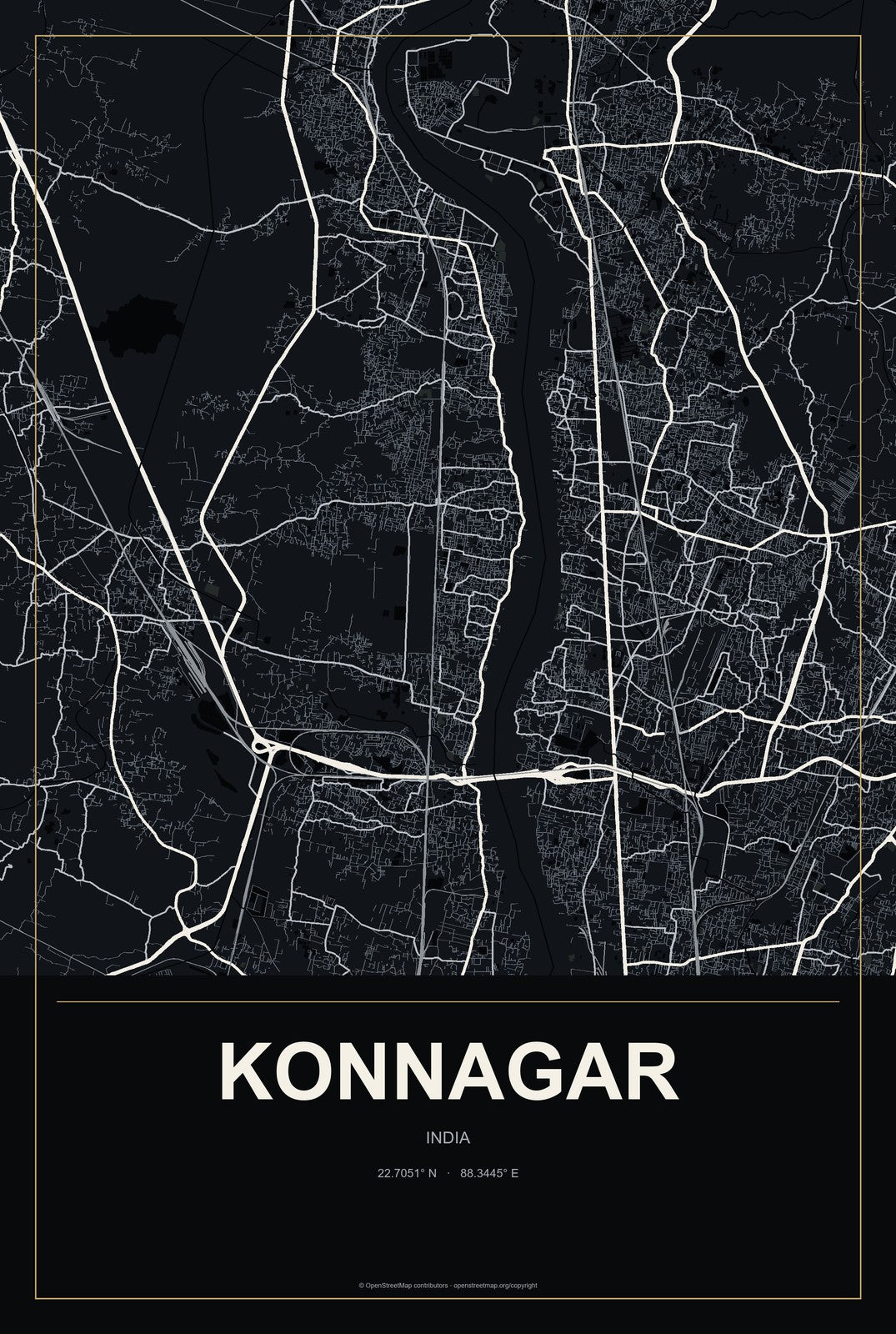 Konnagar, India City Map Aluminum Sign in Metropolitan Noir style