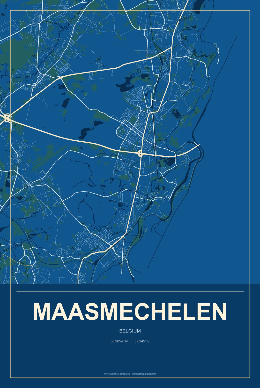 Maasmechelen, Belgium City Map Aluminum Sign in Harbor Cobalt style