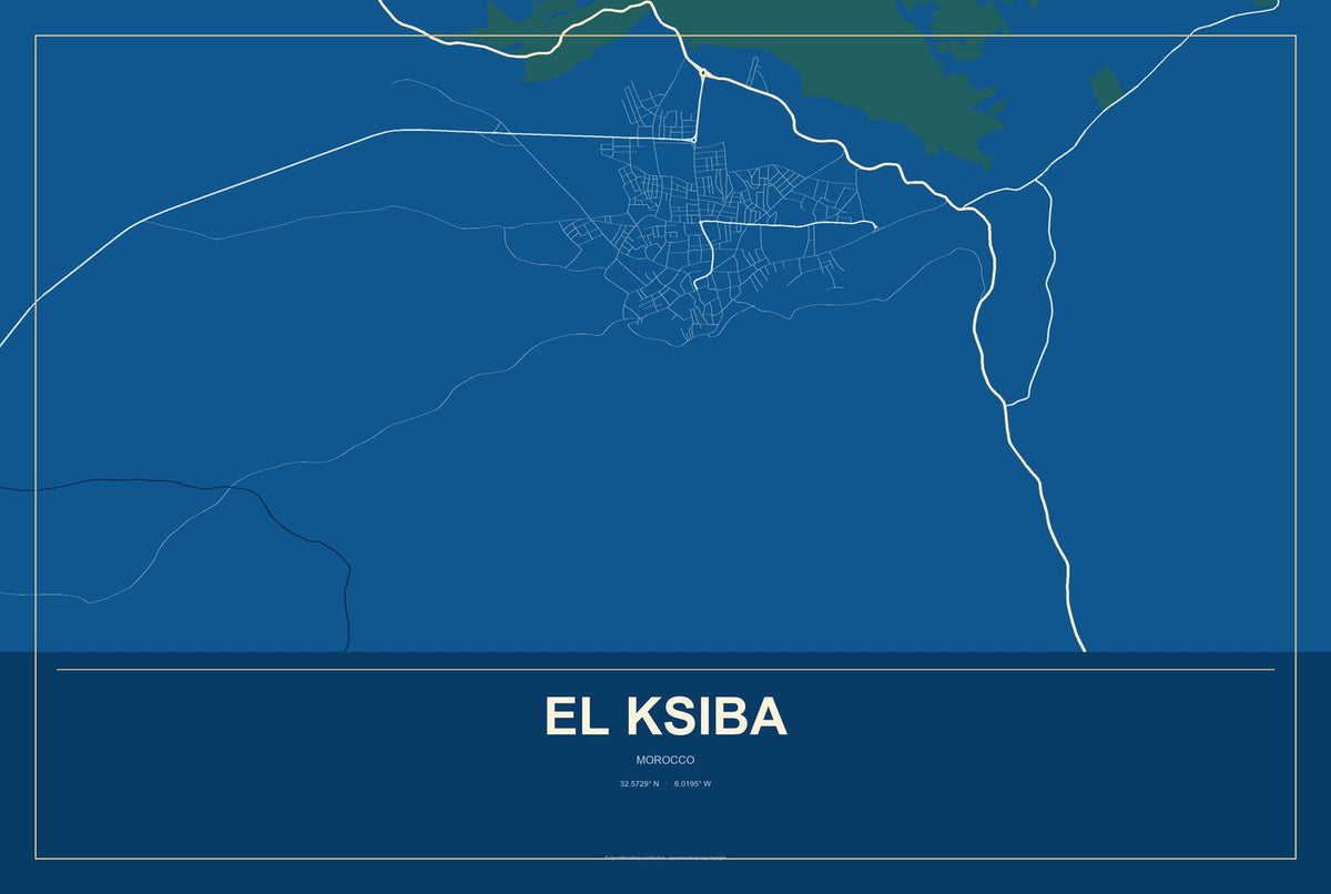 El Ksiba, Morocco City Map Aluminum Sign in Harbor Cobalt style