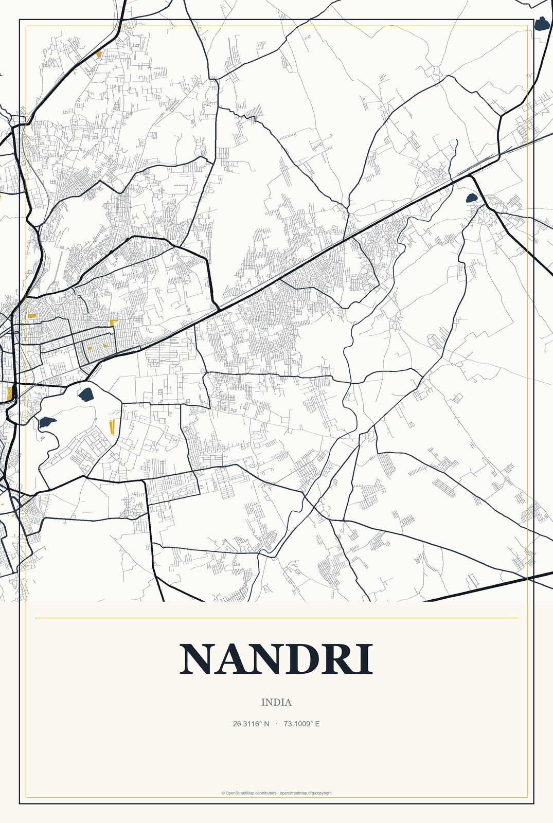 Nandri, India City Map Aluminum Sign in Citrine Modern style