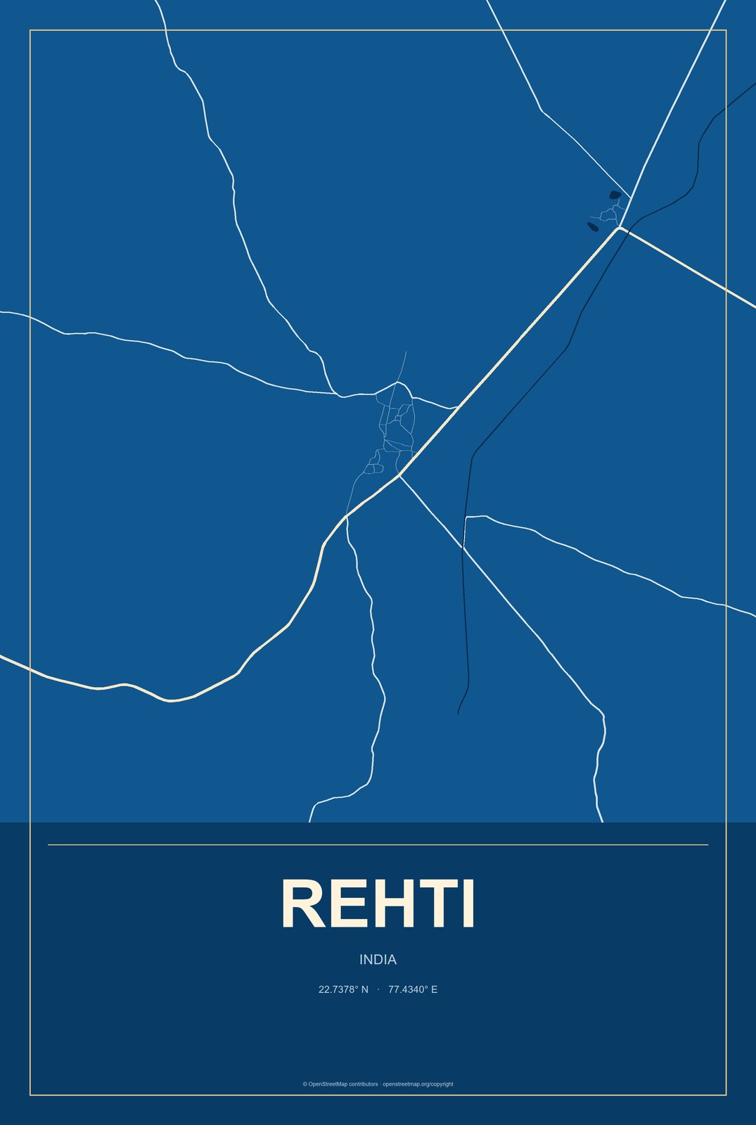 Rehti, India City Map Aluminum Sign in Harbor Cobalt style