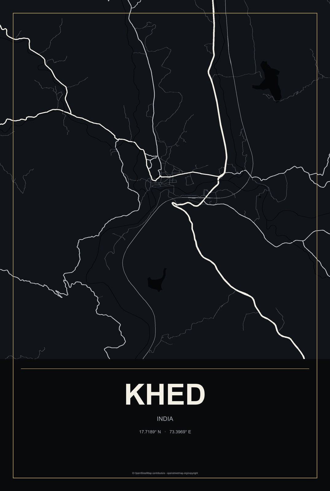 Khed, India City Map Aluminum Sign in Metropolitan Noir style