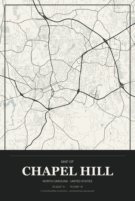 Chapel Hill, North Carolina City Map Aluminum Sign in Museum Plaque style