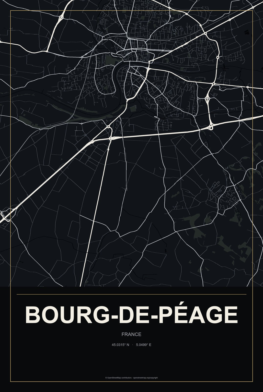 Bourg-de-Péage, France City Map Aluminum Sign in Metropolitan Noir style