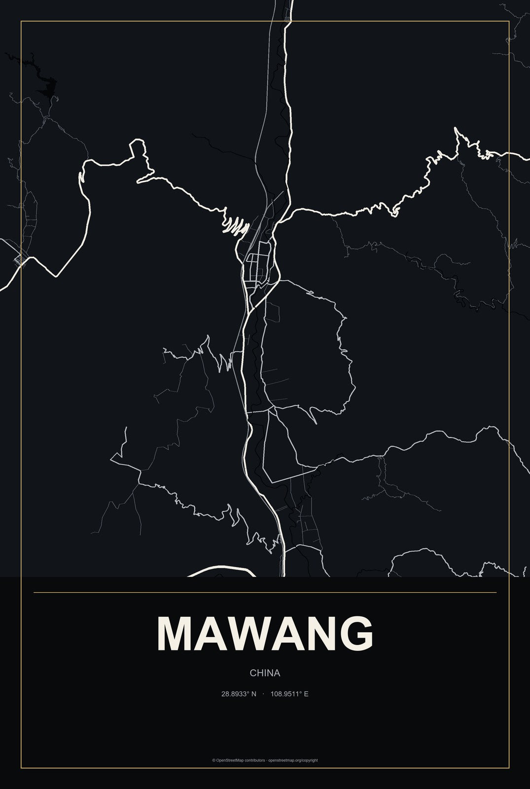 Mawang, China City Map Aluminum Sign in Metropolitan Noir style