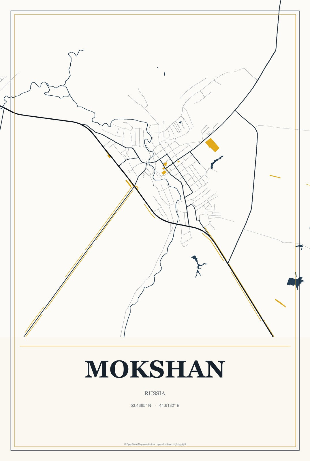 Mokshan, Russia City Map Aluminum Sign in Citrine Modern style