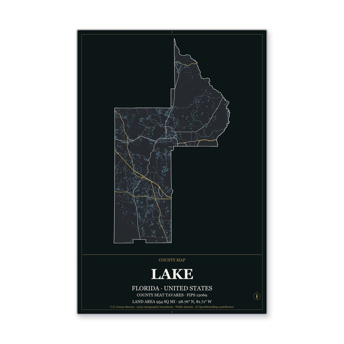 Lake County, Florida Map Aluminum Sign in Metropolitan Noir style