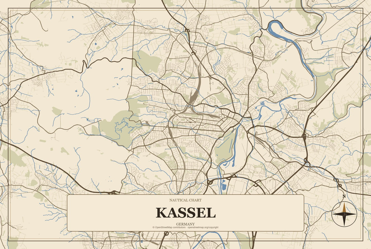 Kassel, Germany City Map Aluminum Sign in Heritage Nautical style
