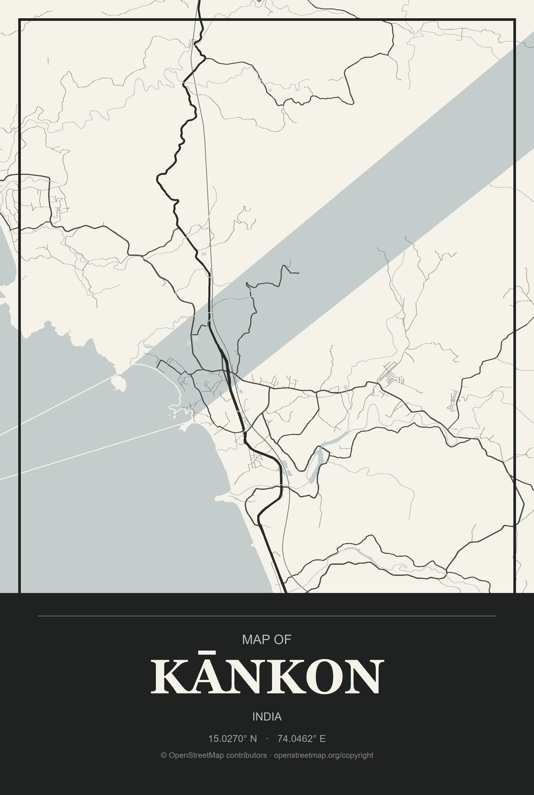 Kānkon, India City Map Aluminum Sign in Museum Plaque style