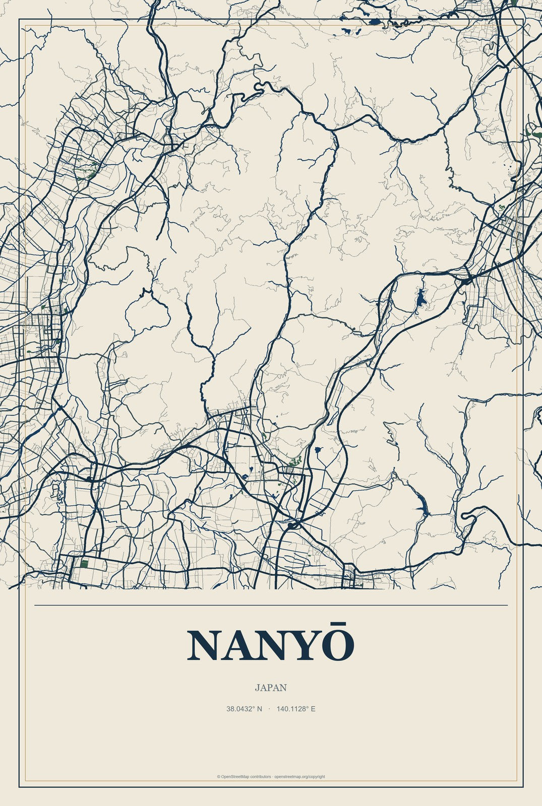 Nanyō, Japan City Map Aluminum Sign in Coastal Cutout style