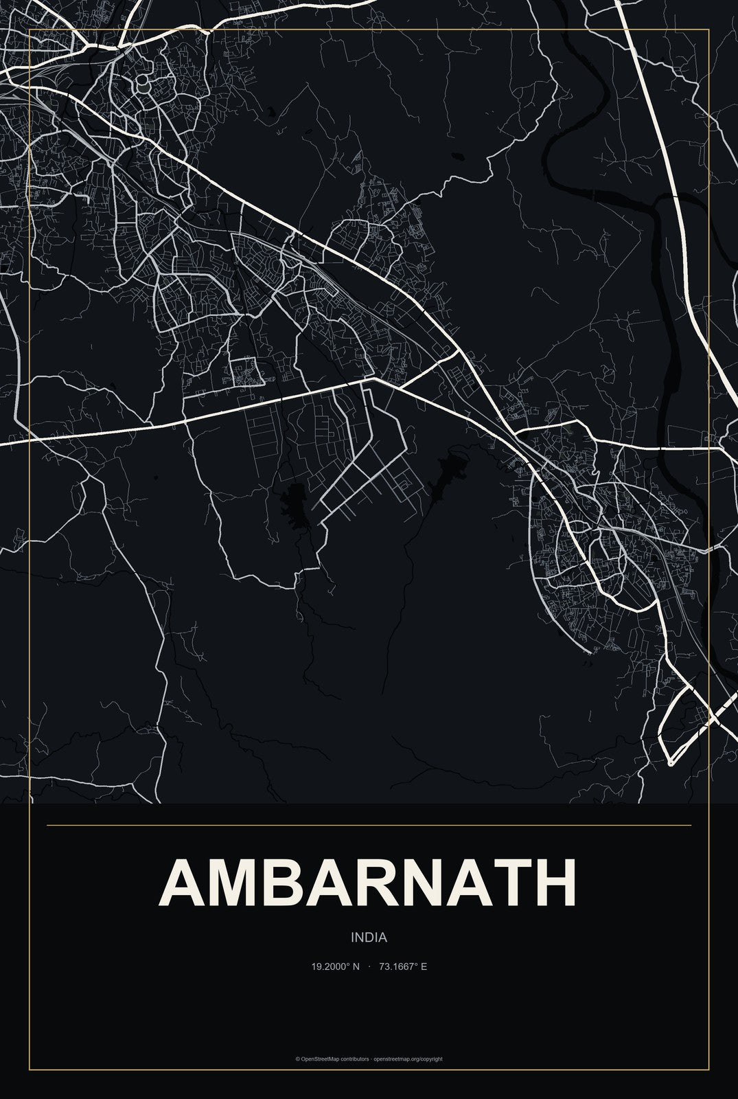 Ambarnath, India City Map Aluminum Sign in Metropolitan Noir style