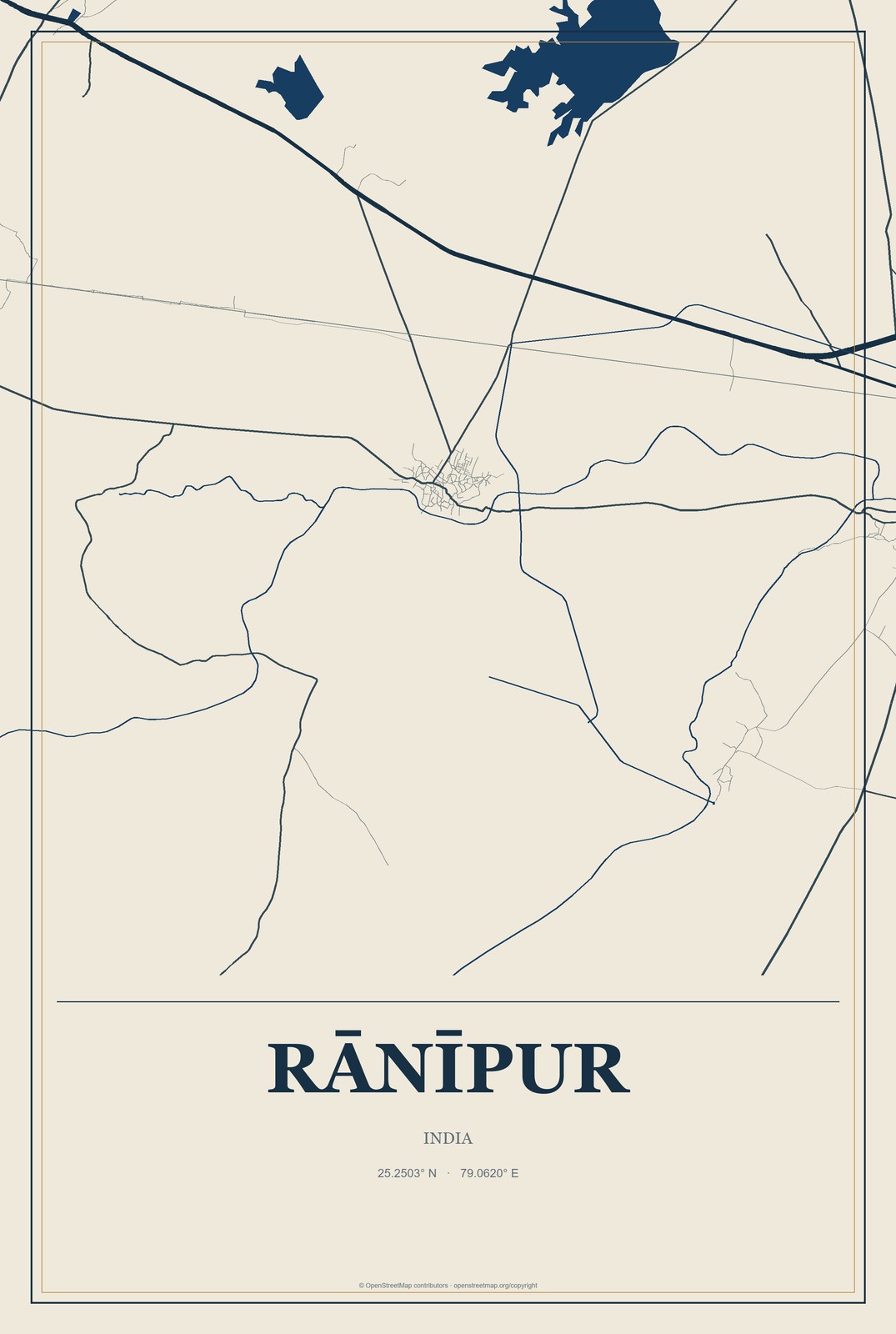 Rānīpur, India City Map Aluminum Sign in Coastal Cutout style