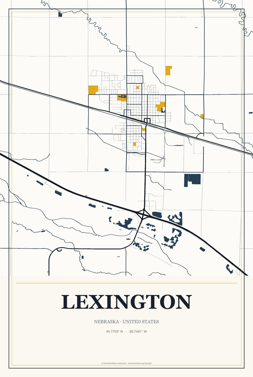 Lexington, Nebraska City Map Aluminum Sign in Citrine Modern style